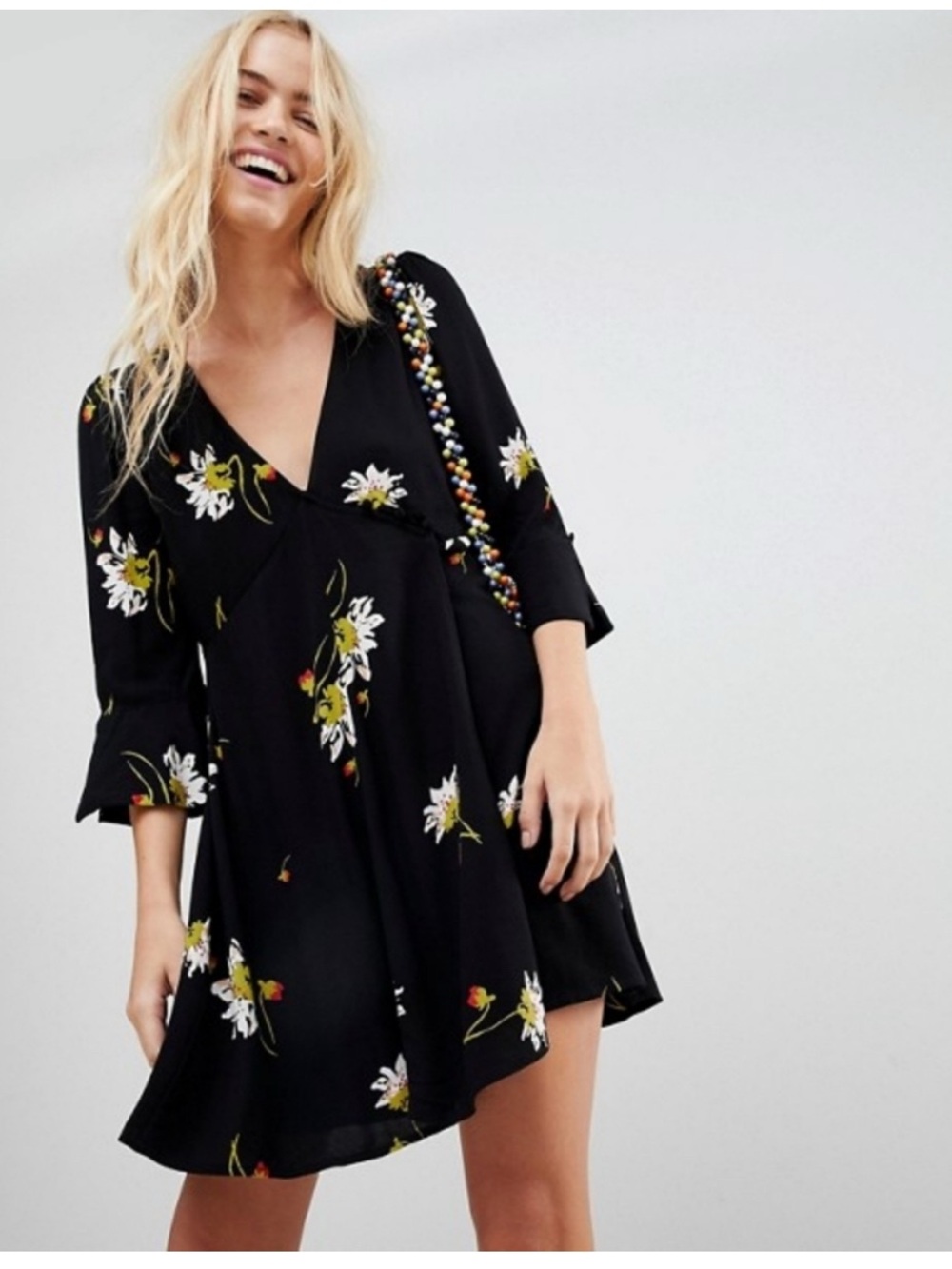 Free People Time on My Side Black Floral Wrap Mini Dress